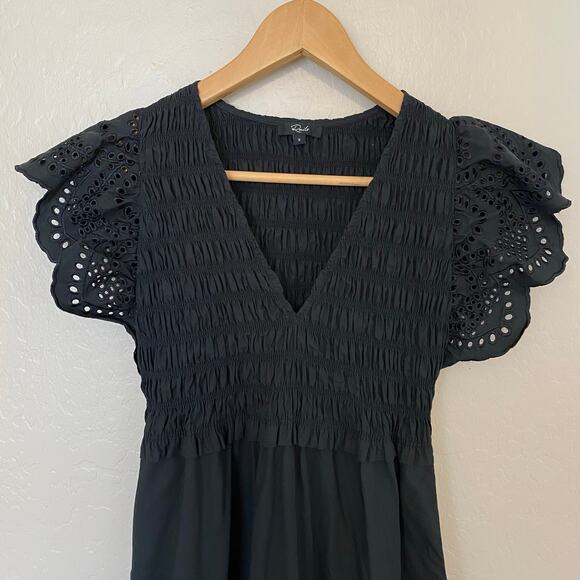 Rails Clementine Eyelet Midi Dress Womens Size Small Black Smocked Cotton Blend - Picture 4 of 8